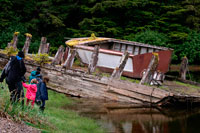 Juneau, Alaska, USA. Old boat in a temperate rainforest on the Brothers Islands between Stephens Passage and Frederick Sound. Alexander Archipelago, Southeast Alaska. The Three Brothers is a small reef located off the north coast of Kodiak Island, Alaska, about 2 km east of Shakmanof Point and 2.5 km west of Ouzinkie.