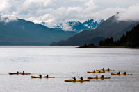 Juneau, Alaska, USA. Kayaks in Icy Strait. Glacier Bay National Park adn Preserve. Chichagof Island. Juneau. Southeast Alaska. Today is the ultimate day of exploration. Set your course for arguably the richest whale waters in Southeast Alaska. Keep watch for the telltale blow of the humpbacks as you scour the nutrient-rich waters in search of whales, porpoise, sea lions, and other wildlife. 