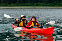 Juneau, Alaska, USA. Kayaking in Icy Strait. Glacier Bay National Park adn Preserve. Chichagof Island. Juneau. Southeast Alaska. Today is the ultimate day of exploration. Set your course for arguably the richest whale waters in Southeast Alaska. Keep watch for the telltale blow of the humpbacks as you scour the nutrient-rich waters in search of whales, porpoise, sea lions, and other wildlife. 