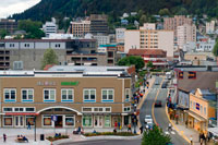 Juneau, Alaska, USA. Juneau downtown, from the Mount Roberts Tramway. Alaska. USA. Diferents shops and stores in Juneau. South Franklin Street. The City and Borough of Juneau is the capital city of Alaska. It is a unified municipality located on the Gastineau Channel in the Alaskan panhandle, and is the second largest city in the United States by area. 