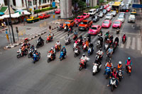 Bangkok. Traffic in Bangkok Near MBK Centre Thailand South East Asia. Motorbikes are ubiquitous in Thailand, but helmets are not. Activists aim to tackle a problem that claims thousands of lives. Thailand ranks worst in the world for motorbike and two-wheeler casualties, with more than 11,000 motorbike drivers or passengers dying annually. Official statistics suggest such incidents account for 70% of the country's road fatalities. Many die because they don't wear a helmet. According to a Motorcycle Safety Foundation report, unhelmeted riders in Thailand are between two and three times more likely to be killed, and three times likelier to suffer a "disastrous outcome".