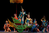 Bangkok. Thai classical dance performance at Salachalermkrung theater in Bangkok, Thailand. Khon-Thai Classical Masked Dance at the Sala Chalermkrung Royal Theatre On the Anspicious Occasion to the Throne, the Sala Chalermkrung Foundation, the Crown Property Bureau and the Tourism Authority of Thailand jointly organized the Khon-Thai Classical Masked Performance entitled 'Pra Chakrawatan' during December 2005 - july 2006 at the sala Chalermkrung Royal Theatre.