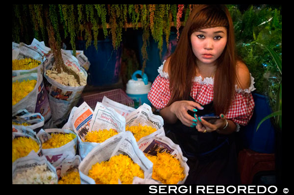 Mujer vendedora de flores margaritas en Pak Khlong Talat, Mercado de las flores, Bangkok, Tailandia. Pak Khlong Talat es un mercado en Bangkok, Tailandia, que vende flores, frutas y verduras. Es el mercado de flores primaria en Bangkok y ha sido citado como un "lugar de [] de valores simbólicos" a los residentes de Bangkok. Está situado en Chak Phet Road y callejuelas adyacentes, cerca de Memorial Bridge. Aunque el mercado está abierto las 24 horas, es más activo antes del amanecer, cuando los barcos y los camiones llegan con las flores de las provincias cercanas. El mercado tiene una larga historia. Durante el reinado de Rama I (1782-1809), un mercado flotante tuvo lugar en el sitio de la moderna Pak Khlong Talat; por el reinado de Rama V (1868-1910), que había cambiado a un mercado de pescado. El mercado de pescado se convirtió posteriormente al mercado de productos de hoy, que ha existido durante más de 60 años. El enfoque del mercado ha cambiado a partir de productos de flores como el mercado Talat tailandesa en las afueras de Bangkok se ha convertido en un lugar más atractivo para los productos mayoristas. La mayoría de las flores que se venden en el mercado son entregados de Nakhon Pathom, Samut Sakhon, y las provincias de Samut Songkhram, aunque las flores que requieren temperaturas más frescas que crecen pueden venir de lugares tan lejanos como Chiang Mai o Chiang Rai. Selección del producto del mercado es muy amplia y se entrega de todo el país.