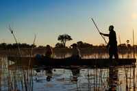 Water Safari calls made mokoro canoe camp starting from Eagle Island Camp by Orient Express, outside the Moremi Game Reserve in Botswana. The waters of the Okavango are swallowed by the arid Kalahari Desert. But before disappearing branch and flood a vast expanse of land forming a delta that is one of the greatest wildlife havens. The sun sets mokoros referred from, the traditional local Boats, while living close the life cycle of every day ... THE DELTA OKAVANGO MOKORO. Sunday was the Lord's day, Mr. Okavango Delta. It is the mouth of a river in world's largest earth. At 8am we were ready to depart for the vast area of ??wetlands and islands, with lots of animal life with 4 (elephant, buffalo, lion and leopard) of the Big 5, missing the rhinoceros. The day before leaving, joined us three more members to the expedition that traveled together during the previous month. Marcelo, a Brazilian who spoke Spanish. Hugo a wanderer and his Spanish bride, of New York. The delta branch that passes in front of Old Bridge Backpackers is called Thamalakane. From the edge of the same hostel we hopped on a boat in the direction of the station boats, called Boro NG32 Boat Station and situated in the village bearing the same name. The trip took almost 1 hour for shallow labyrinthine channels. On the way and just 1km from the exit, stopping to see a crocodile on the bank of feet, an osprey ... Once there, download all the stuff, we present our driver-guides and loaded again the material on our new means of transport, the mokoro. It is so called the canoe used by local people. In that area for years created a community dedicated to a very consistent and respectful tourism with nature. Currently the canoes used are made of fiberglass two seat type "sports stadium bleachers" for 2 passengers, plus the driver placed standing in the back who runs the Venetian-style theme with a long wooden stick. It was like traveling on a rural gondola the Pego-Oliva marsh but a few 16.000km2 area, with more than 150,000 islands and an important animal life.