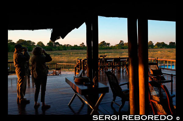 A couple of tourists on the porch outside the camp Khwai River Lodge by Orient Express in Botswana, within the Moremi Game Reserve Wild. Khwai River Lodge is situated on the banks of the Khwai River, adjacent to the Moremi Game Reserve and the Okavango Delta outside. Khwai River Lodge is one of the oldest hotel-safari Botswana, opened in the late 60s by the late Sir Seretse Khama, the first president of independent Botswana. It is situated on ancient indigenous plants and fig trees, eight kilometers northwest of the north gate of the Moremi Wildlife Reserve hunting. Moreover, with its views overlooking the Khwai River and is the perfect place to watch the scenery of the African savannah perennial and discover its varied species of birds. Khwai River forms part of the Okavango Delta. The camp is located in Moremi, one of the largest reserves in Africa majesty house boasts the largest specimens, fast, bright and beautiful, as the abundant crocodiles and hippopotamuses that dwell in the land or herds of zebras and antelopes satisfied tear the grass surface. Where they are fed all kinds of predators lurking lions, leopards and panthers, hyenas and wild dogs. The 14 luxury tents with double beds and thatched roofs are beautifully decorated with indoor showers and dressing rooms. In addition, stores are located on a platform overlooking the Khwai River. The suite marathon center-which means place of love has two outdoor showers and Victorian style bath. Guests staying in it have a dedicated guide and private use of a vehicle for spotting animals.