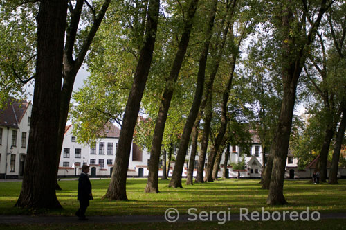 Just behind the Minnewater lies the Beguinage 'De Wijngaard' (= the Vineyard). It is one of those typical areas in Bruges where one can find more peace and quiet than in the sometimes busy and overcrowded streets of the town center. The Beguinage is a group of houses around a little garden covered with large poplar trees. It was here that during the last seven centuries lived the beguines of Bruges. In 1937 the beguinage became a monastery for the Benedictine sisters who still live here now. In the rapidly changing world of the 13th century, some people became more attracted to a purer and more mystical form of religion as a reaction to the growing material and formal aspirations of the regular clergy. The example to be followed had been shown by the apostles : poverty, simplicity and preaching. People from both sexes decided to follow this new movement, which resulted in the creation of numerous new religious orders and movements. The official religious institutions distrusted these new orders, so that they were very often persecuted or forbidden. In the Low Countries, however, the female followers of the mystical movement were tolerated in the form of the 'Beguine' movement. They were allowed to live in separate parts of the cities, in the so-called Beguinages. In this way, the religious authorities could control and supervise them. The beguines lived like regular nuns, but did not make the same binding vows that nuns normally made. Beguines usually made the vows of obedience and chastity, but not the vow of poverty. Moreover, they could at all times break their vows and leave the beguine community.