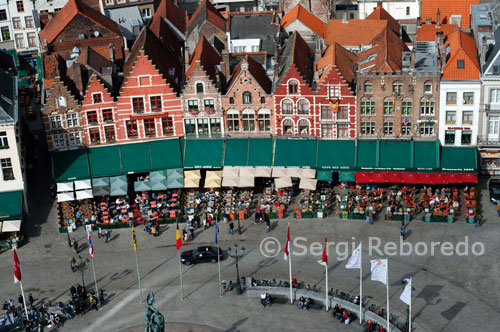 Brugge markt aereal view. The Markt Market Place, view from the Belfry Brugge,the Venice of the North Western Flanders Belgium.