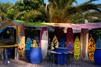 Formentera. Surf tables in Acapulco Surf Bar, Es Calo, Formentera, Balearic Islands, Spain.