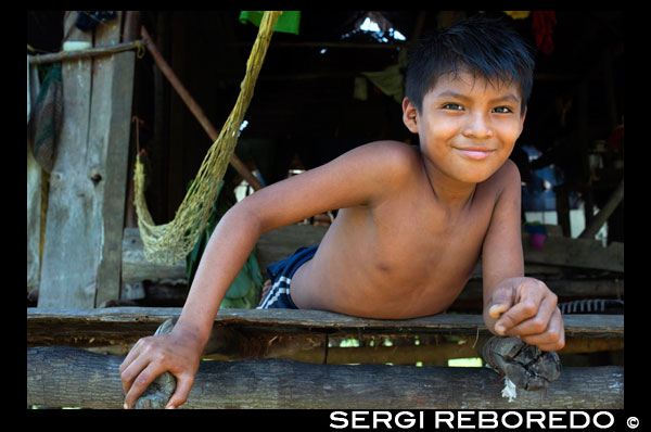 Boy in a House In The Ngobe Bugle Indian Village Of Salt Creek Near Bocas Del Toro Panama. Salt Creek (in Spanish: Quebrada Sal) is a Ngöbe Buglé village located on the southeastern end of Bastimentos island, in the Bocas del Toro Archipelago, Province and District of Panama.  The community consists of about 60 houses, an elementary school, handcrafts and general stores. The villagers depend mostly on their canoes for fishing and transportation although the village is slowly developing together with the whole archipelago.  Between the Caribbean Sea, with its mangroves, coral reefs, and paradisiacal islands, and the dense humid tropical forest of Bastimentos Island, lies the Ngobe community known as Salt Creek (Quebrada Sal).  Here, the local organization ALIATUR (Salt Creek Tourism Alliance) has created a project so that visitors to the Bocas del Toro Archipelago can get to know the culture of this indigenous community, its artisan crafts, its dances, and its stories.  Actions taken to promote environmental or social sustainability Four hiking trails in the surrounding forests allow the tourist to appreciate the rich fauna and flora of the region. Lodging and typical local food are offered for whoever wishes to visit for one or more days in the community.  In case this isn´t enough, the community´s proximity to the Bastimentos National Marine Park allows tourists to pay a quick visit to the marvelous Zapatilla Cays and to enjoy its beaches, coral reefs, and trail.