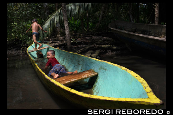 Kids play in one of the local boats used by the Ngobe Indians as their main form of transport, sheltered under a makeshift lean-to. Channel to entrance at The Ngobe Bugle Indian Village Of Salt Creek Near Bocas Del Toro Panama. Salt Creek (in Spanish: Quebrada Sal) is a Ngöbe Buglé village located on the southeastern end of Bastimentos island, in the Bocas del Toro Archipelago, Province and District of Panama.  The community consists of about 60 houses, an elementary school, handcrafts and general stores. The villagers depend mostly on their canoes for fishing and transportation although the village is slowly developing together with the whole archipelago.  Between the Caribbean Sea, with its mangroves, coral reefs, and paradisiacal islands, and the dense humid tropical forest of Bastimentos Island, lies the Ngobe community known as Salt Creek (Quebrada Sal).  Here, the local organization ALIATUR (Salt Creek Tourism Alliance) has created a project so that visitors to the Bocas del Toro Archipelago can get to know the culture of this indigenous community, its artisan crafts, its dances, and its stories.  Actions taken to promote environmental or social sustainability Four hiking trails in the surrounding forests allow the tourist to appreciate the rich fauna and flora of the region. Lodging and typical local food are offered for whoever wishes to visit for one or more days in the community.  In case this isn´t enough, the community´s proximity to the Bastimentos National Marine Park allows tourists to pay a quick visit to the marvelous Zapatilla Cays and to enjoy its beaches, coral reefs, and trail.