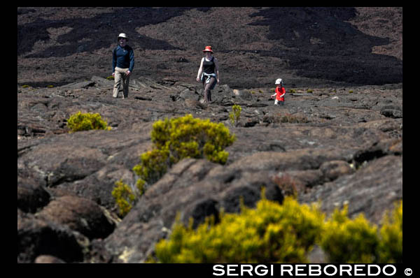 Una famila haciendo un trekking por encima de la lava del Volcan Pitón de la Fournaise. Es el único volcán activo de la isla. Sus erupciones atraen a miles de visitantes. Las coladas de lava se extienden hasta la costa este originando un paisaje único. En el volcán, cuando no está activo, se puede realizar senderismo. Hay varias rutas marcadas. La carretera de acceso al volcán merece la pena. Se atraviesan parajes llenos de vegetación adaptada  a las condiciones de altitud y humedad (niebla constante) que hay en esta zona. Podréis ver varios cráteres y una zona completamente desértica denominada Plaine des Sables a la que se llega después de cruzar por el Pas des Sables donde merece la pena pararse a contemplar el paisaje. Antes de visitar el volcán os recomiendo que hagáis una parada en el pueblecito de Bourg-Murat donde está situada la Maison du Volcan, un Museo donde explican la formación de la isla, la actividad volcánica y las erupciones más importantes a lo largo de la historia de La Reunión. Proyectan un audiovisual muy interesante.