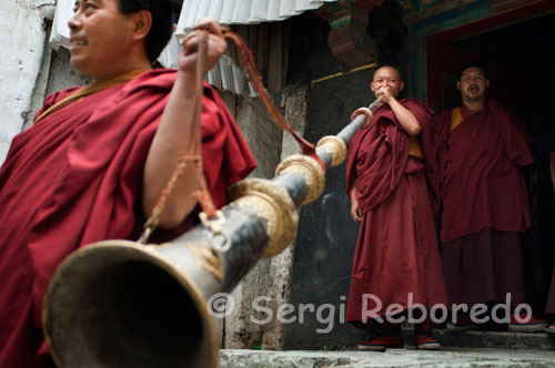 Unos monjes toca la trompeta tibetana en el interior del Monasterio Tashilumpo, ubicado en Shigatse, Tibet. Trompeta cilíndrica gigante cuya longitud puede superar los 5 metros. Es de Cobre y suele estar decorada con distintas piezas doradas o plateadas (antiguamente se usaba plata y oro). Se compone de varias piezas que a modo de telescopio, encajan entre sí. La embocadura es ancha y plana. Se tocan en parejas, produciendo un sonido continuo, grave y profundo, capaz de alcanzar  grandes distancias. Para tocarla hay que relajar los labios y hacerlos vibrar a modo de relincho.  Se puede cambiar el tono aumentando o disminuyendo la presión del aire. Es estremecedor escuchar su misterioso sonido  cuando algún maestro importante llega a un monasterio. Se coloca la pareja sobre su tejado y se tañen en forma de solemne bienvenida, mientras su sonido invade valles y montañas.
