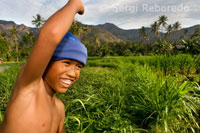 A couple has fun in a field of crops near the fishing village of Amed East Bali.