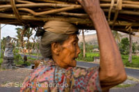 An elderly woman collecting wood near the road leading to the fishing village of Amed East Bali.