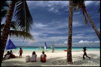 Landscape with palm trees. Bankas in White Beach. Boracay. 