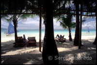 Landscape with palm trees. Bankas in White Beach. Boracay Jetty.