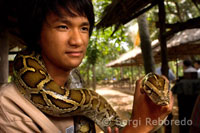 Un turista de fotografia con una serpiente boa en la isla de la Tortuga (Con Qui). Delta del Mekong.